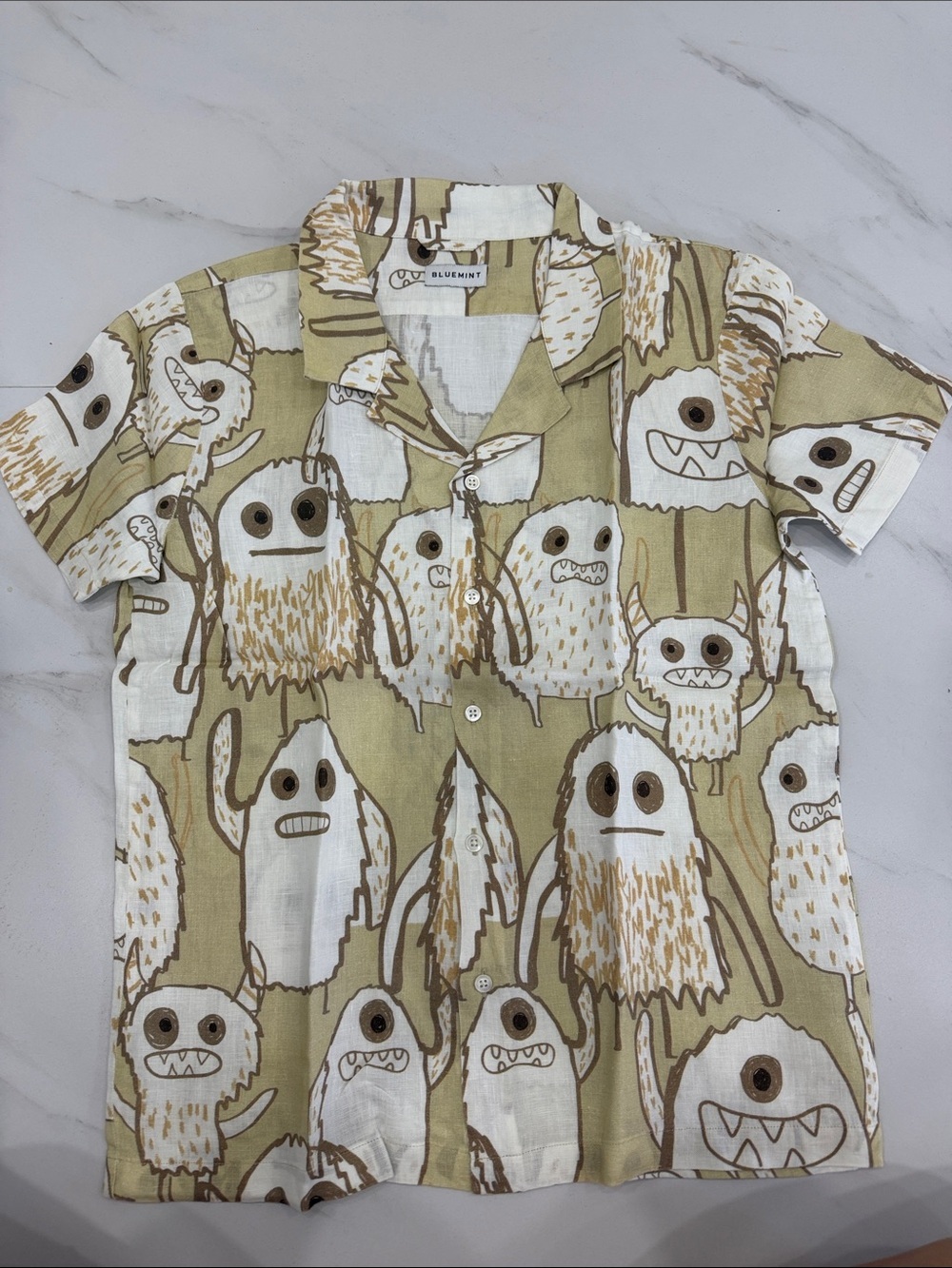 Boys 100% Linen Monster-Print Short Sleeve Button-Down Shirt